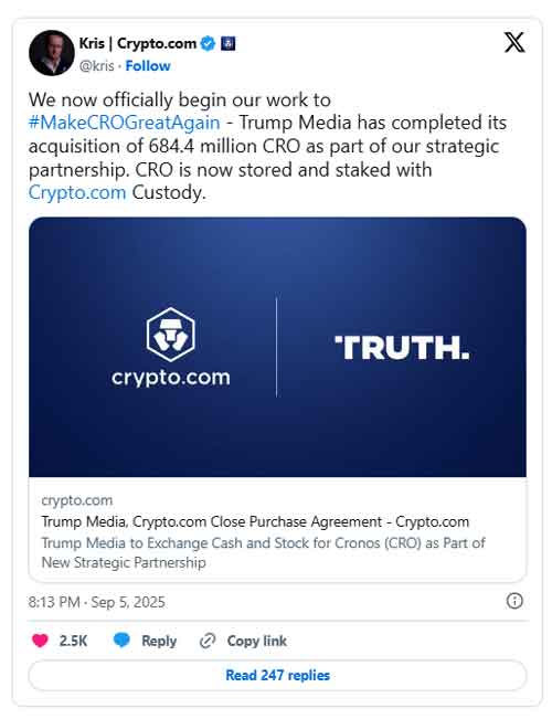ترامپ مدیا توکن اختصاصی را کنار گذاشت؛ همکاری با $CRO کلید خورد